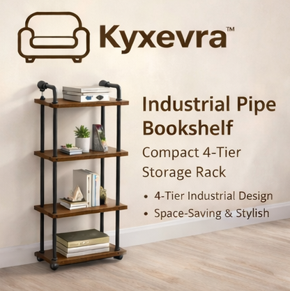 Kyxevra™ Industrial Pipe Bookshelf – Compact 4-Tier Storage Rack