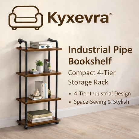 Kyxevra™ Industrial Pipe Bookshelf – Compact 4-Tier Storage Rack
